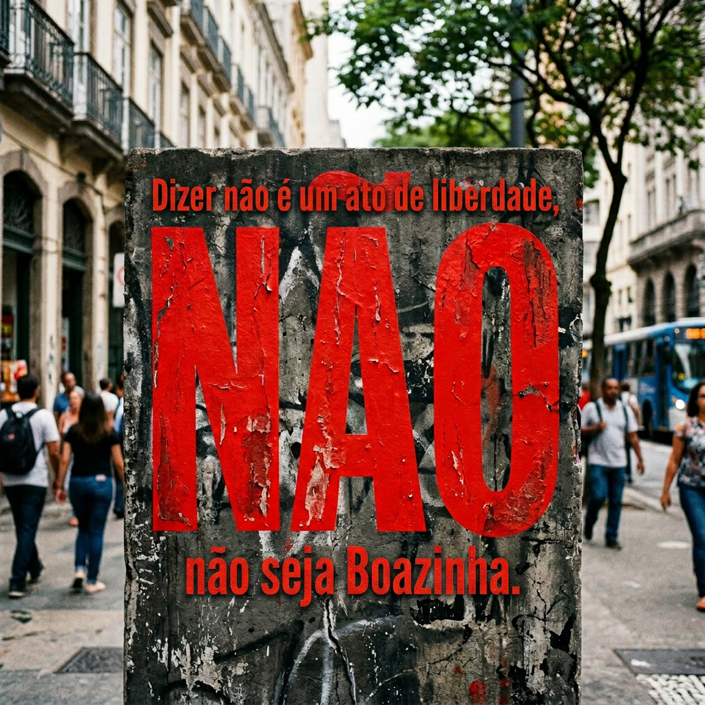 Concrete pillar with red graffiti text 'NÃO' in urban street setting